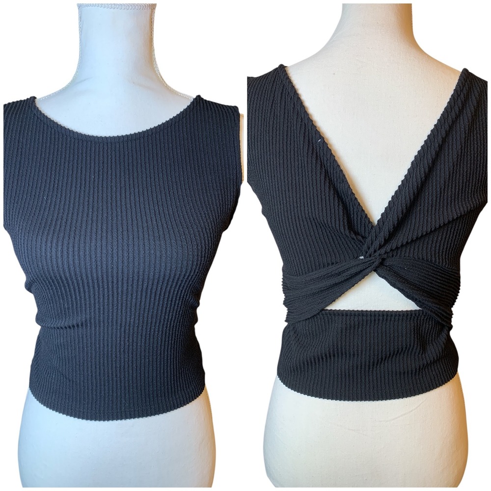 Antistar Black Ribbed‎ Knit Twist Back Cutout Tank Top Womens Medium Preloved